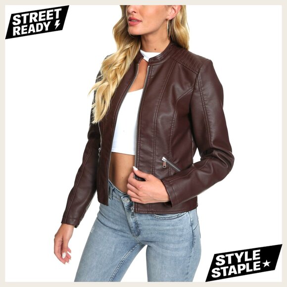 Faux Leather Moto Jacket with Zip Closure Slim Fit Aviator Style